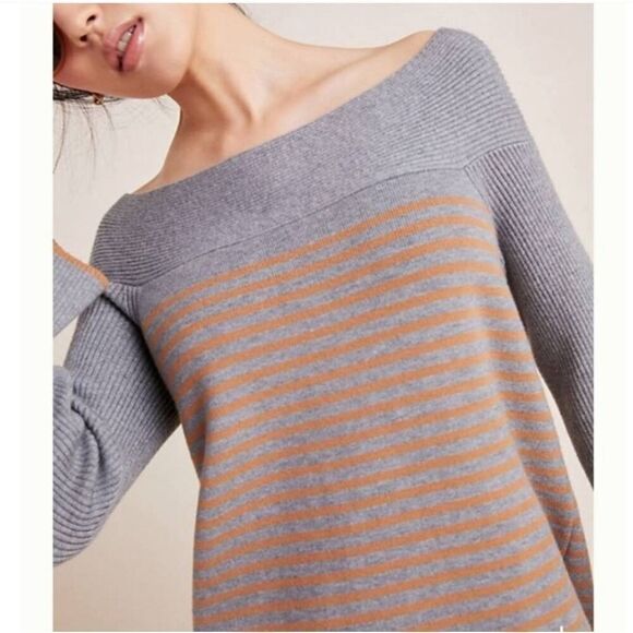 Anthropologie Elise Ribbed Tunic Gray Brown Stripe Off-the-Shoulder Size XS - Picture 10 of 11